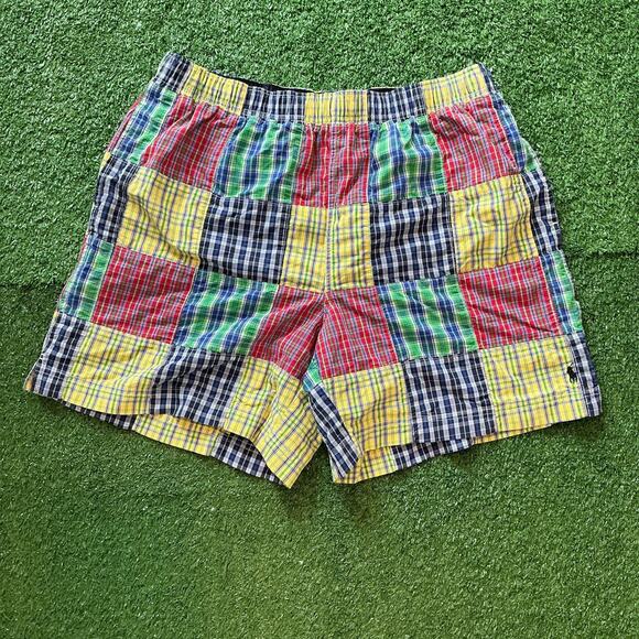 Vintage Y2K Polo Sport Patch Work Plaid Nylon Shorts Size L - Picture 1 of 6